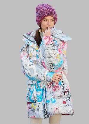 Graffity Printed Puffer Jacket for Women  Artistic & Cozy Design