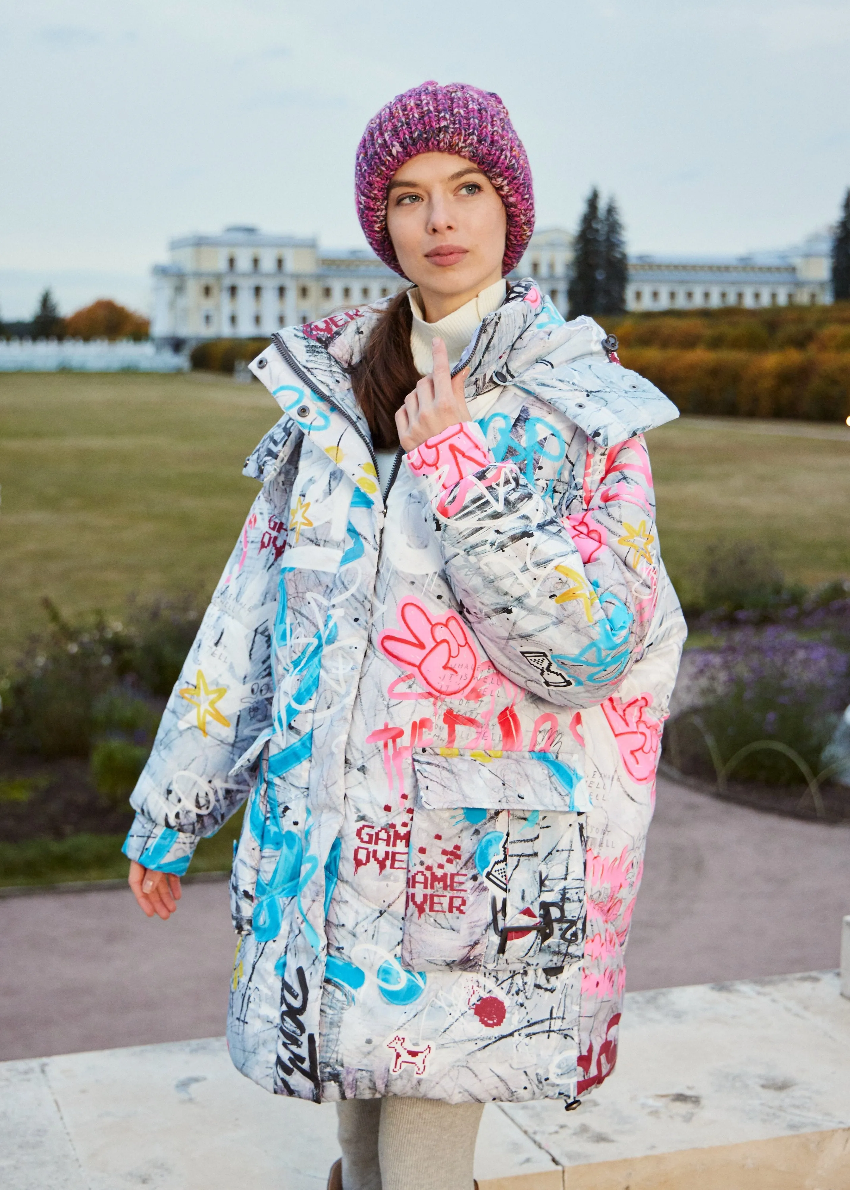 Graffity Printed Puffer Jacket for Women  Artistic & Cozy Design