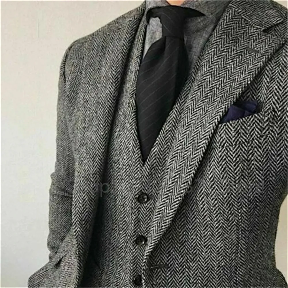 Gray Herringbone Winter Suit for Men Wool Tweed Slim Fit Formal Groom Wedding Tuxedo 3 Piece Sets Business Wedding Male Suits