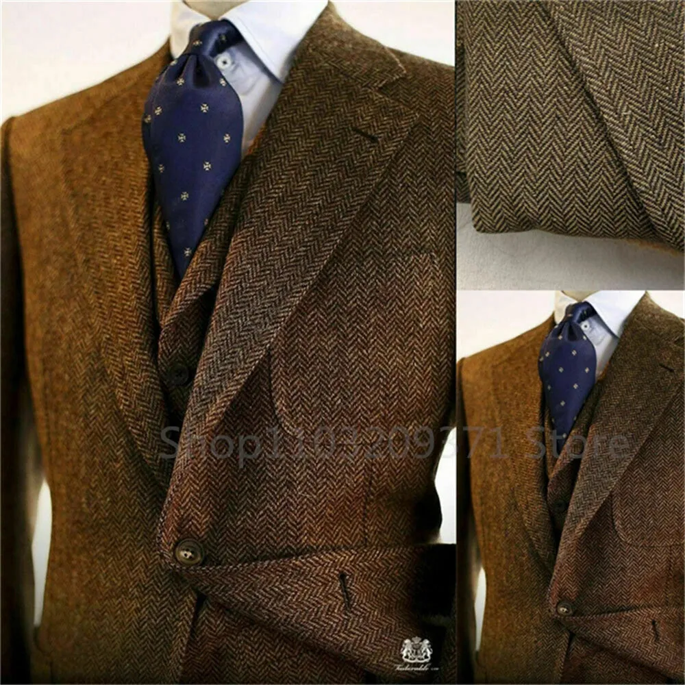 Gray Herringbone Winter Suit for Men Wool Tweed Slim Fit Formal Groom Wedding Tuxedo 3 Piece Sets Business Wedding Male Suits