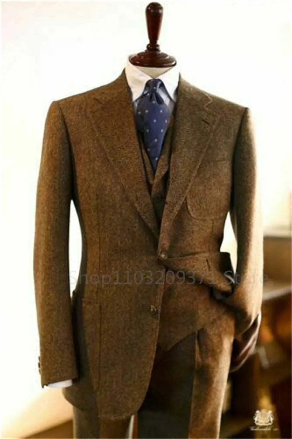Gray Herringbone Winter Suit for Men Wool Tweed Slim Fit Formal Groom Wedding Tuxedo 3 Piece Sets Business Wedding Male Suits