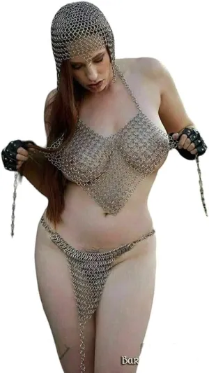 hALLOWEEN 3 Piece set Medieval Aluminium Chainmail Bikini/Bra set with Chainmail coif v-design Lingerie Set UNIQUE Product