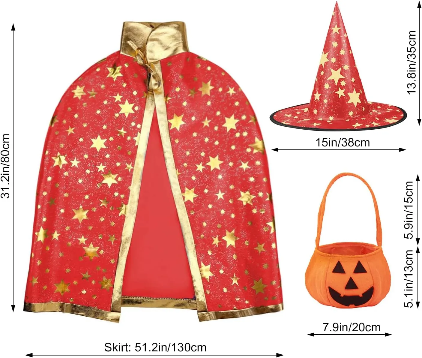 Halloween Wizard Cape Witch Star Pattern Costume Cloak with Hat Pumpkin Bag for Children Kids(Over 3 Years Old)