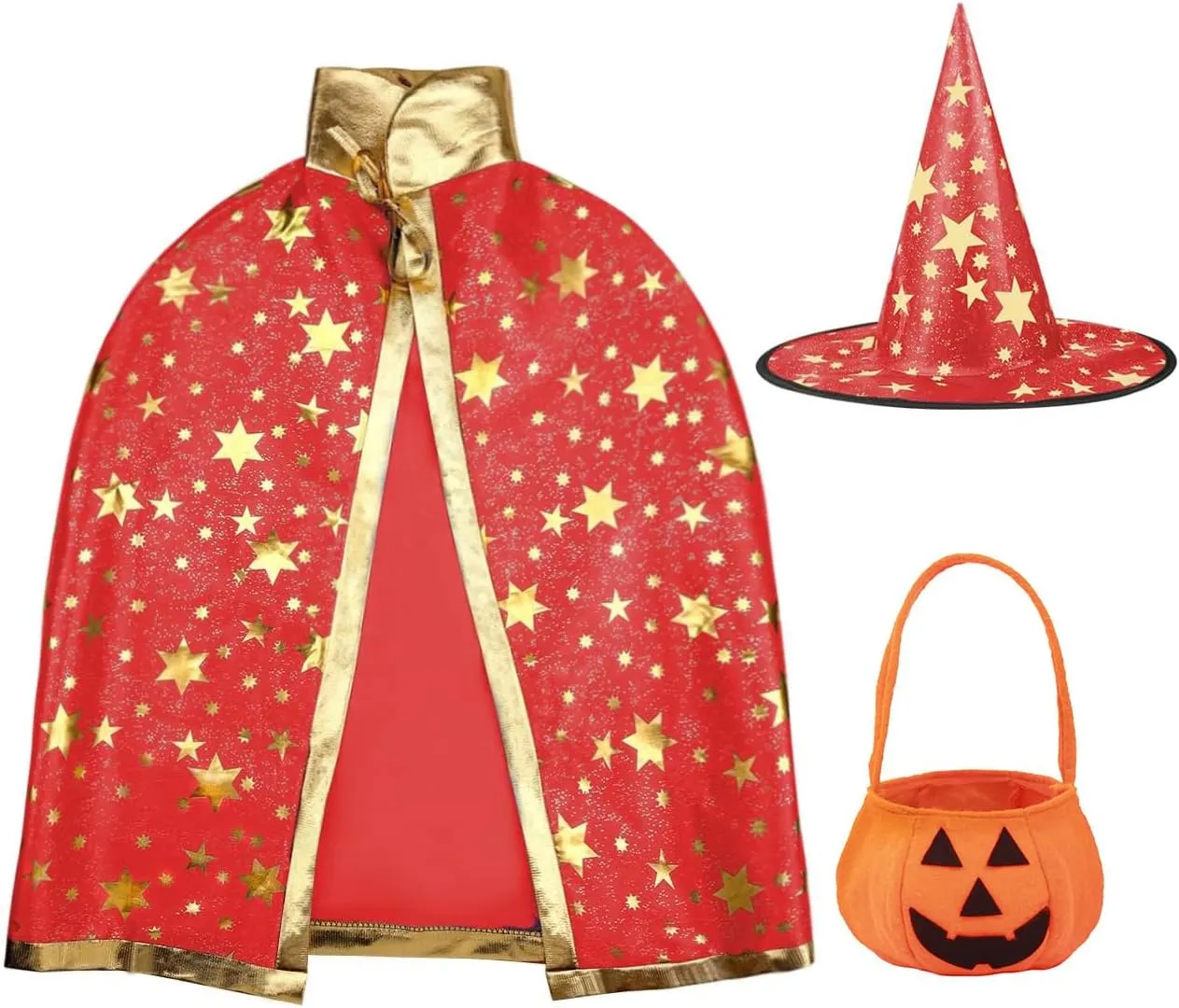 Halloween Wizard Cape Witch Star Pattern Costume Cloak with Hat Pumpkin Bag for Children Kids(Over 3 Years Old)