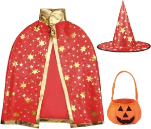 Halloween Wizard Cape Witch Star Pattern Costume Cloak with Hat Pumpkin Bag for Children Kids(Over 3 Years Old)