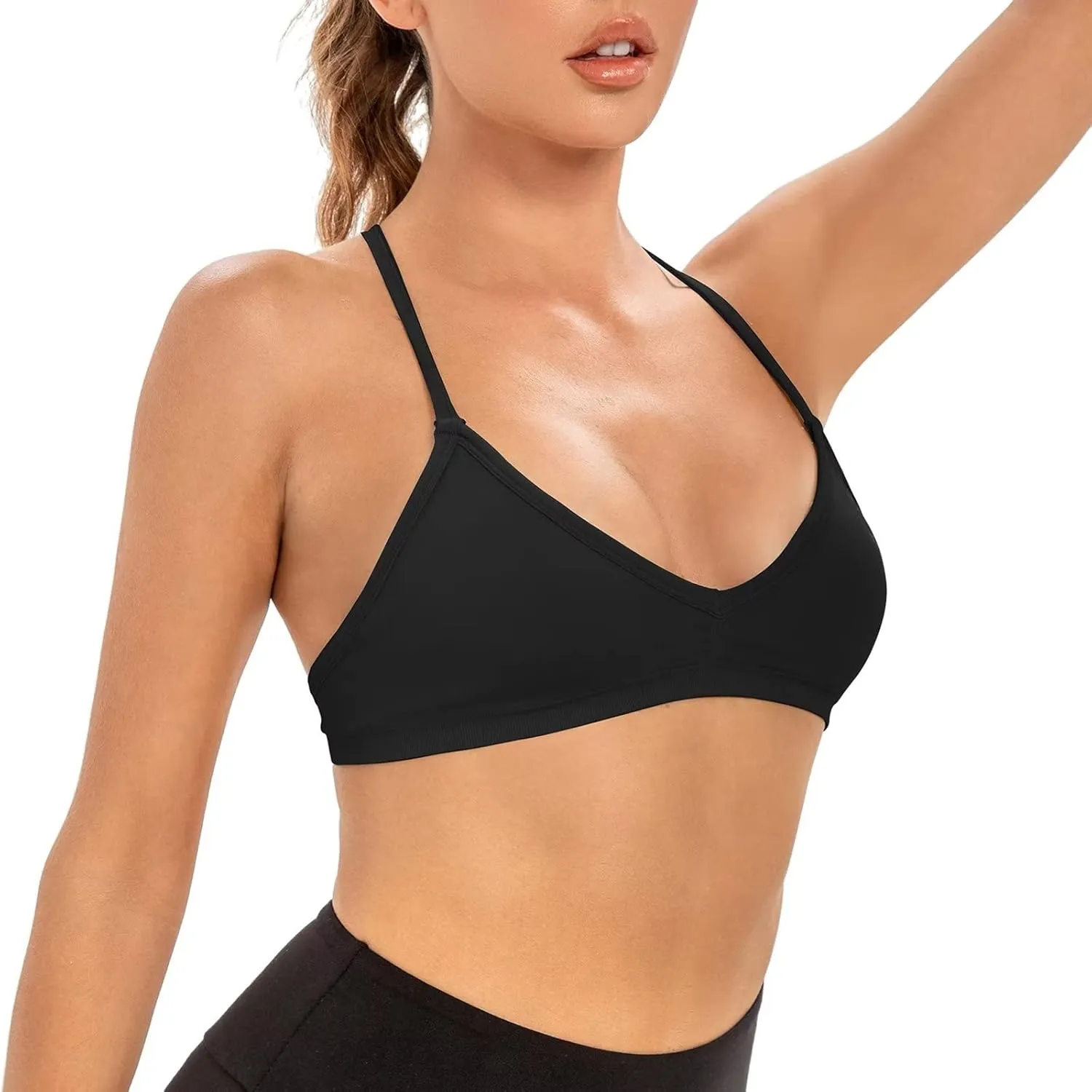 INIBUD Sports Bras for Women Backless Halter Strappy Seamless Bra Padded Removable Bralettes Gym Workout Minimal Yoga Tops