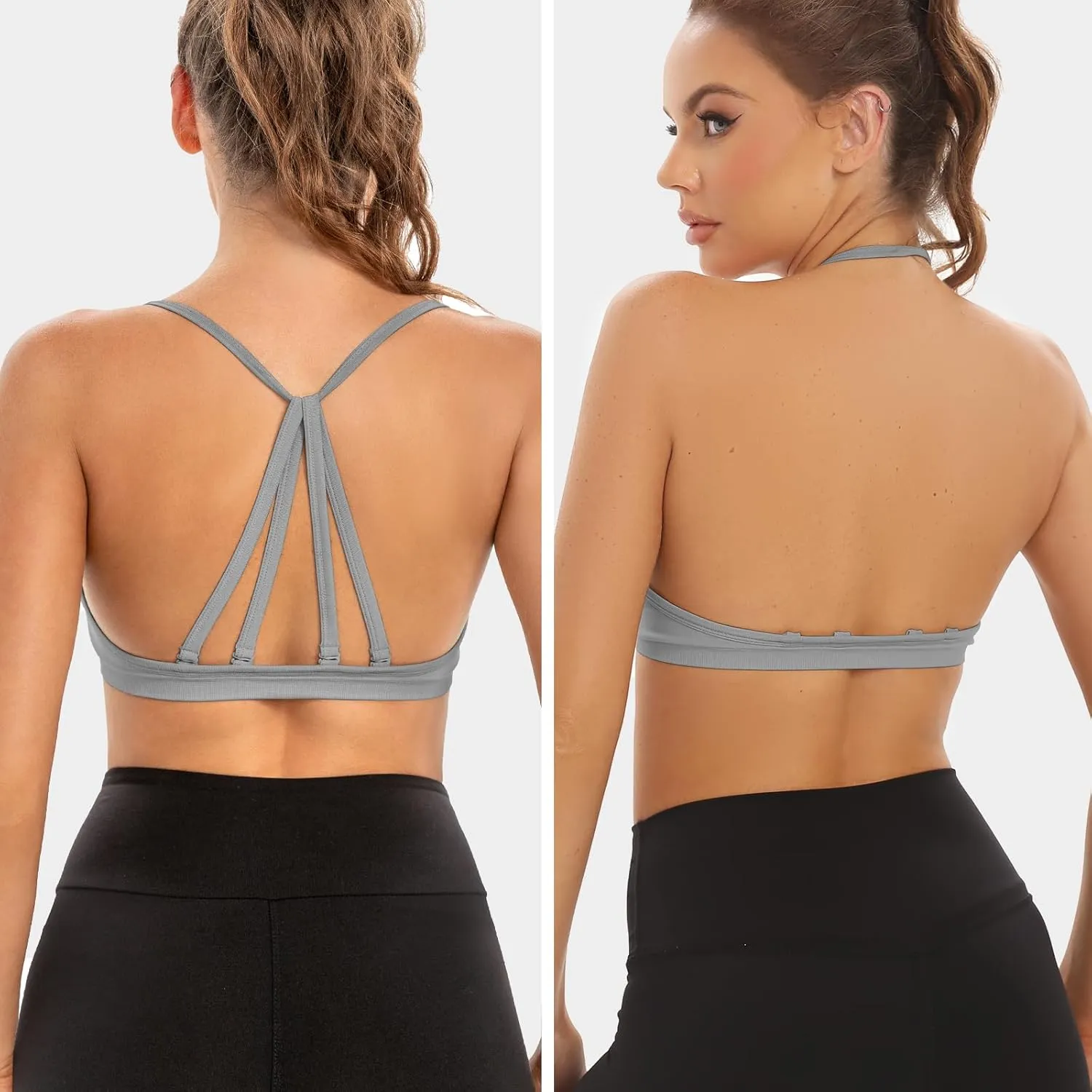 INIBUD Sports Bras for Women Backless Halter Strappy Seamless Bra Padded Removable Bralettes Gym Workout Minimal Yoga Tops