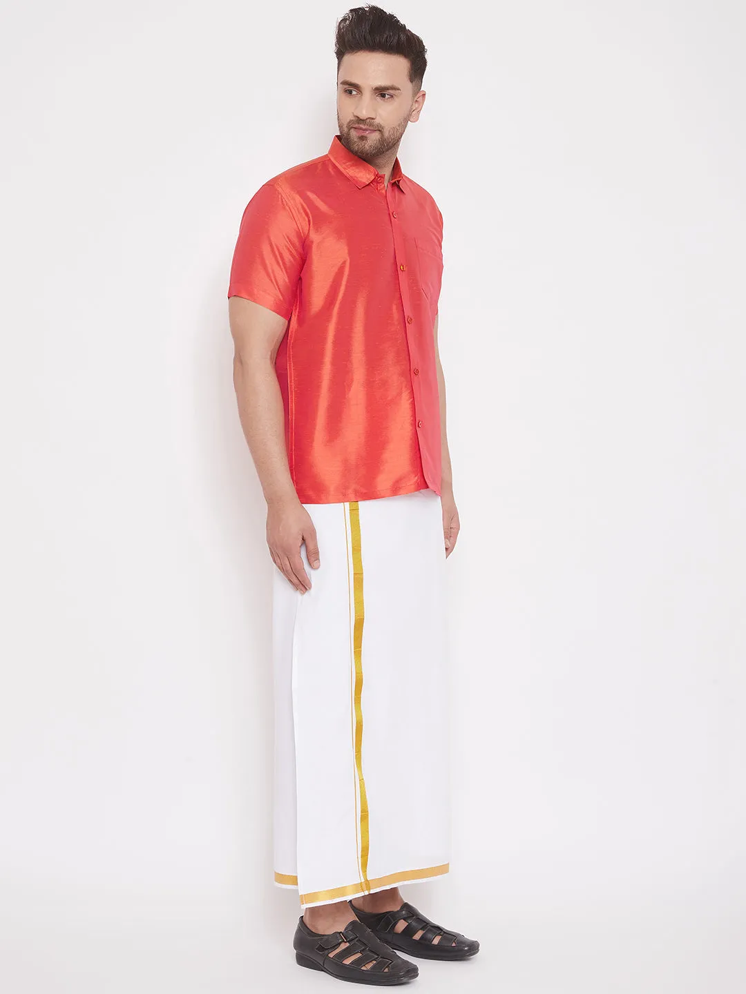 Jashvi Men's & Boys Red Solid Silk Blend Half Sleeve Ethnic Shirt And Mundu Set