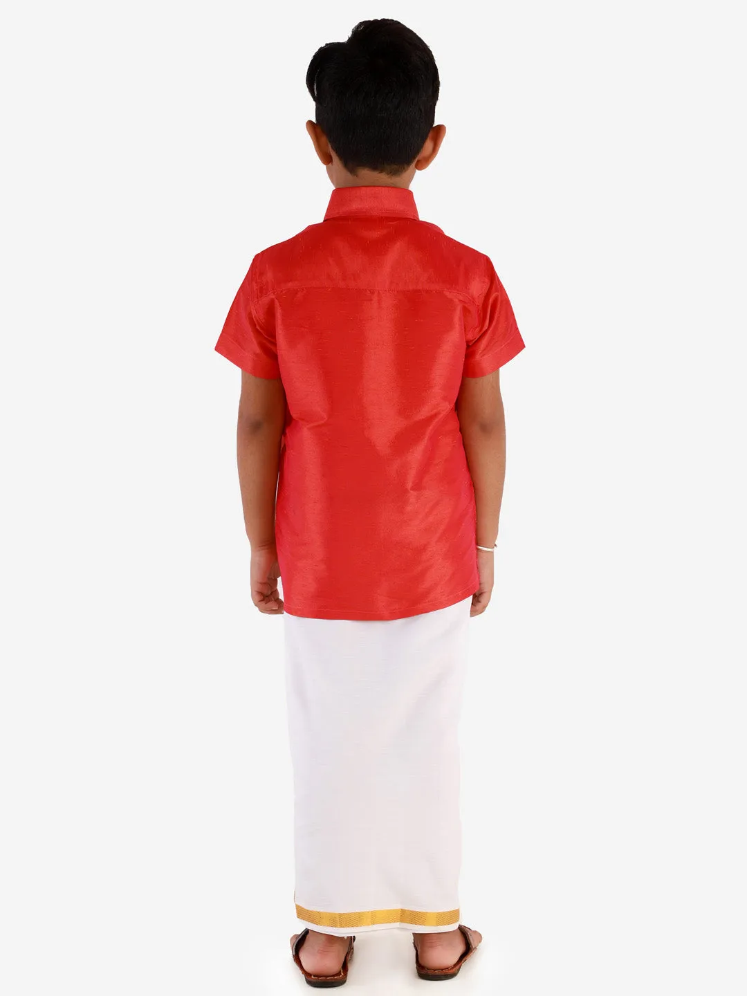 Jashvi Men's & Boys Red Solid Silk Blend Half Sleeve Ethnic Shirt And Mundu Set