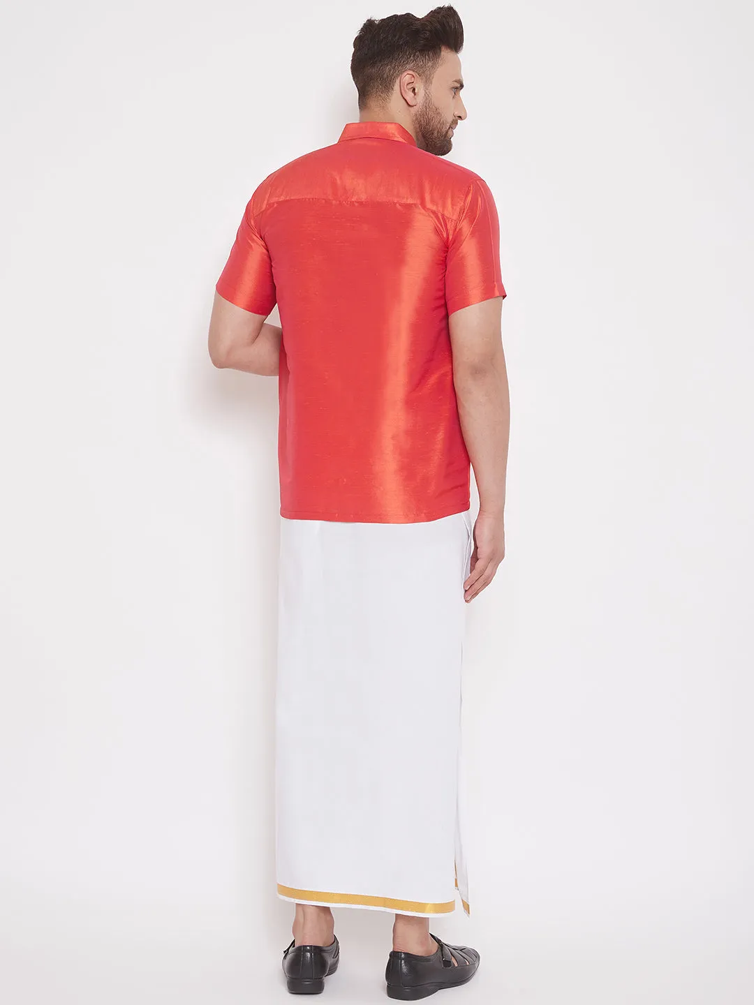 Jashvi Men's & Boys Red Solid Silk Blend Half Sleeve Ethnic Shirt And Mundu Set