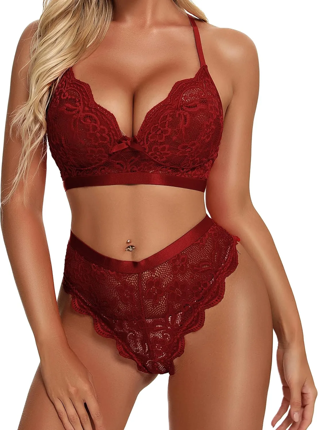 KYLELOVE Lingerie Set for Women Wireless Bra and Panty Set Lace Boudoir Outfits
