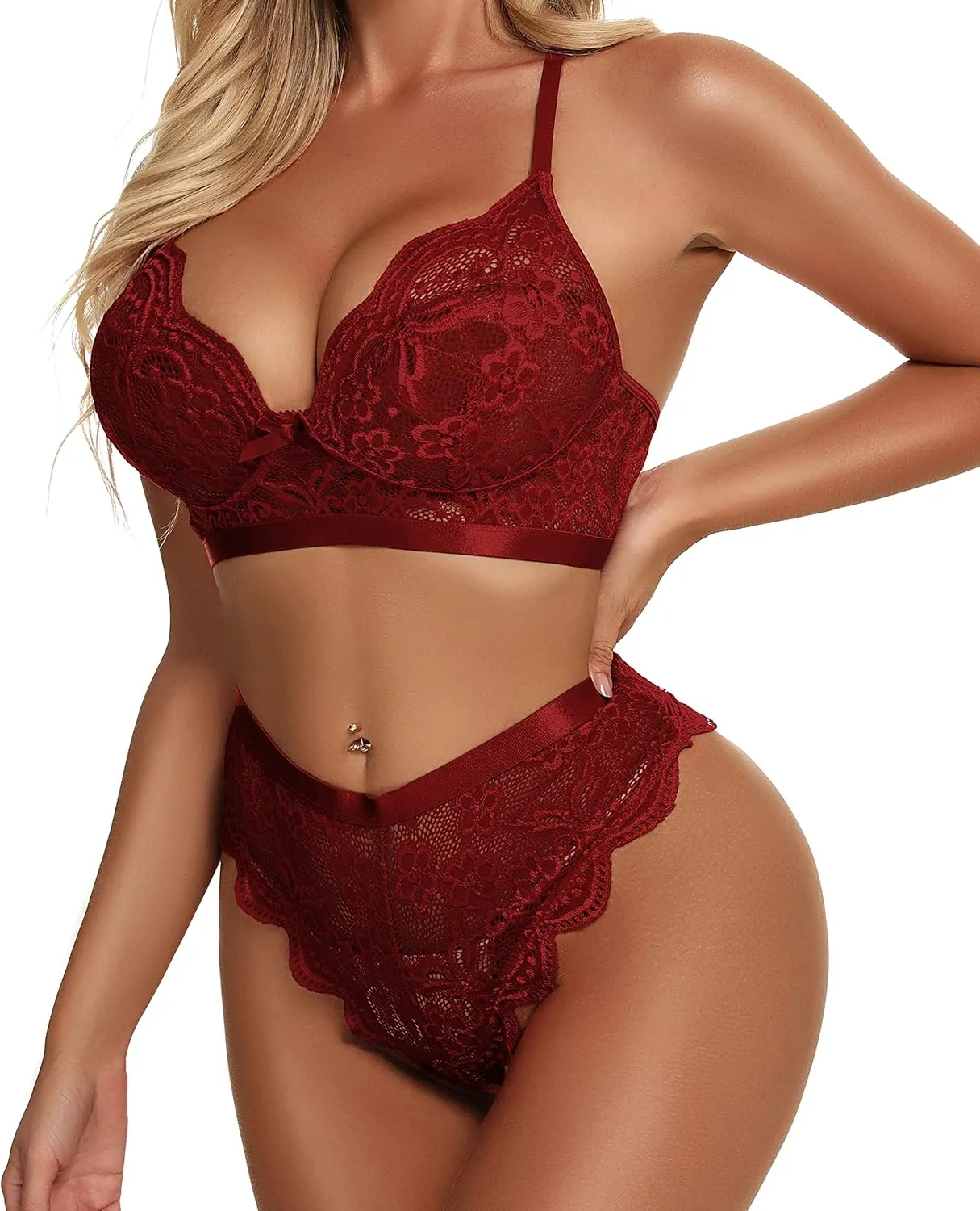 KYLELOVE Lingerie Set for Women Wireless Bra and Panty Set Lace Boudoir Outfits