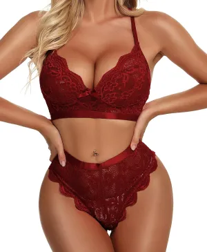 KYLELOVE Lingerie Set for Women Wireless Bra and Panty Set Lace Boudoir Outfits