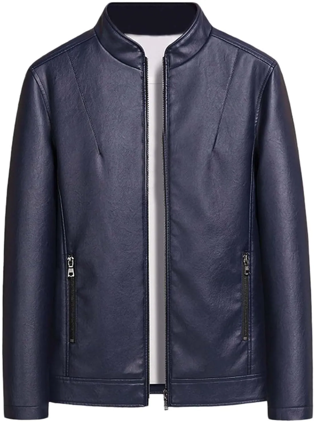 Leather Jacket for Men Solid Color Zip PU Leather Jacket Short Lapel Motorcycle Leather Men's Cotton Lightweight