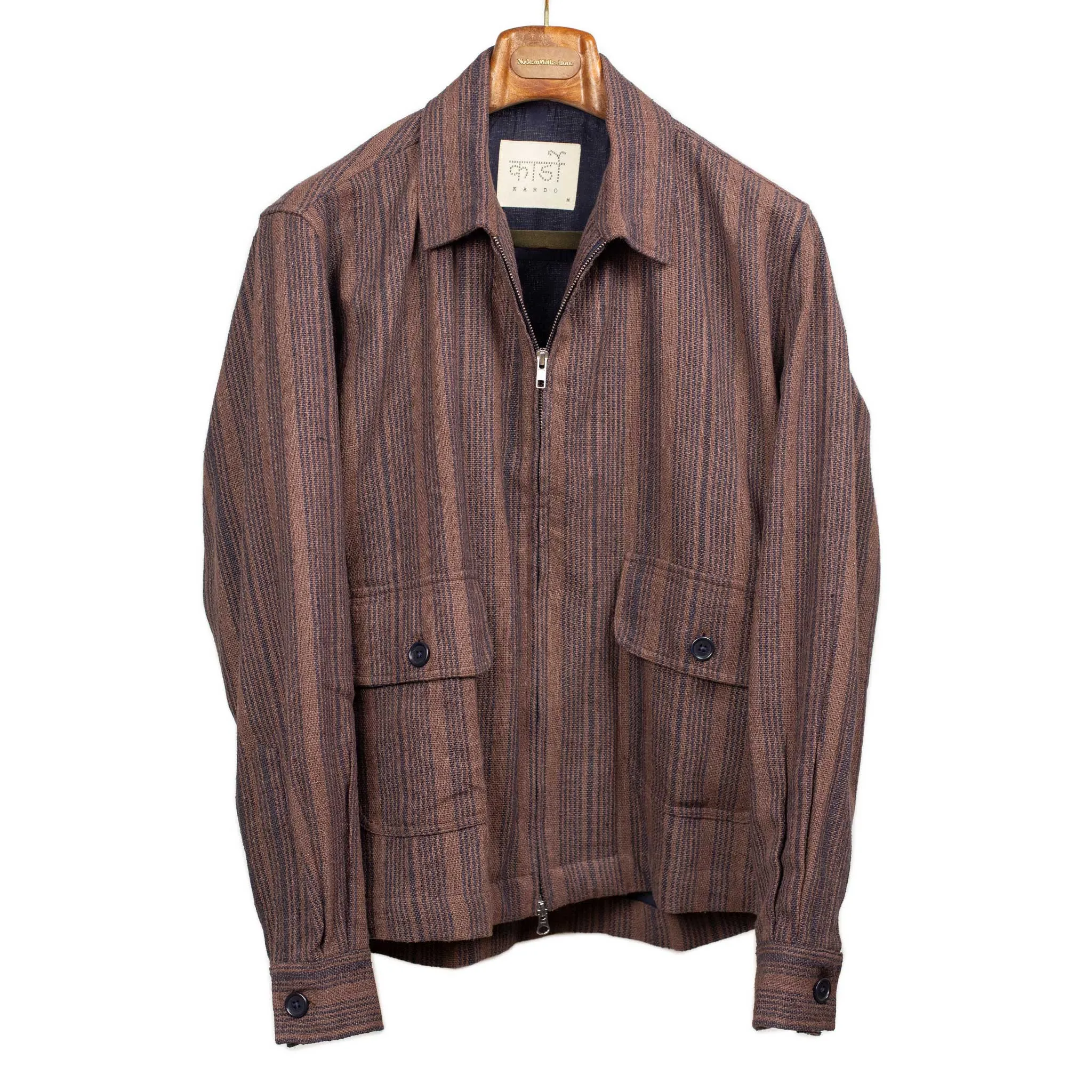 Leroy zip jacket in chocolate and navy striped handloom silk