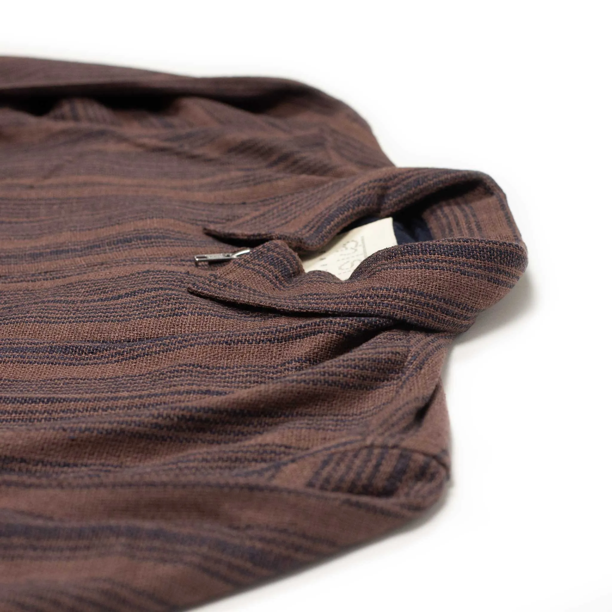 Leroy zip jacket in chocolate and navy striped handloom silk