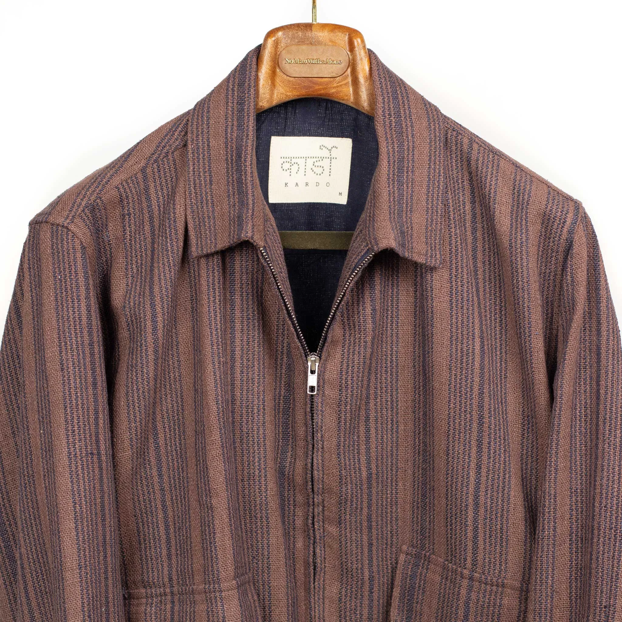 Leroy zip jacket in chocolate and navy striped handloom silk
