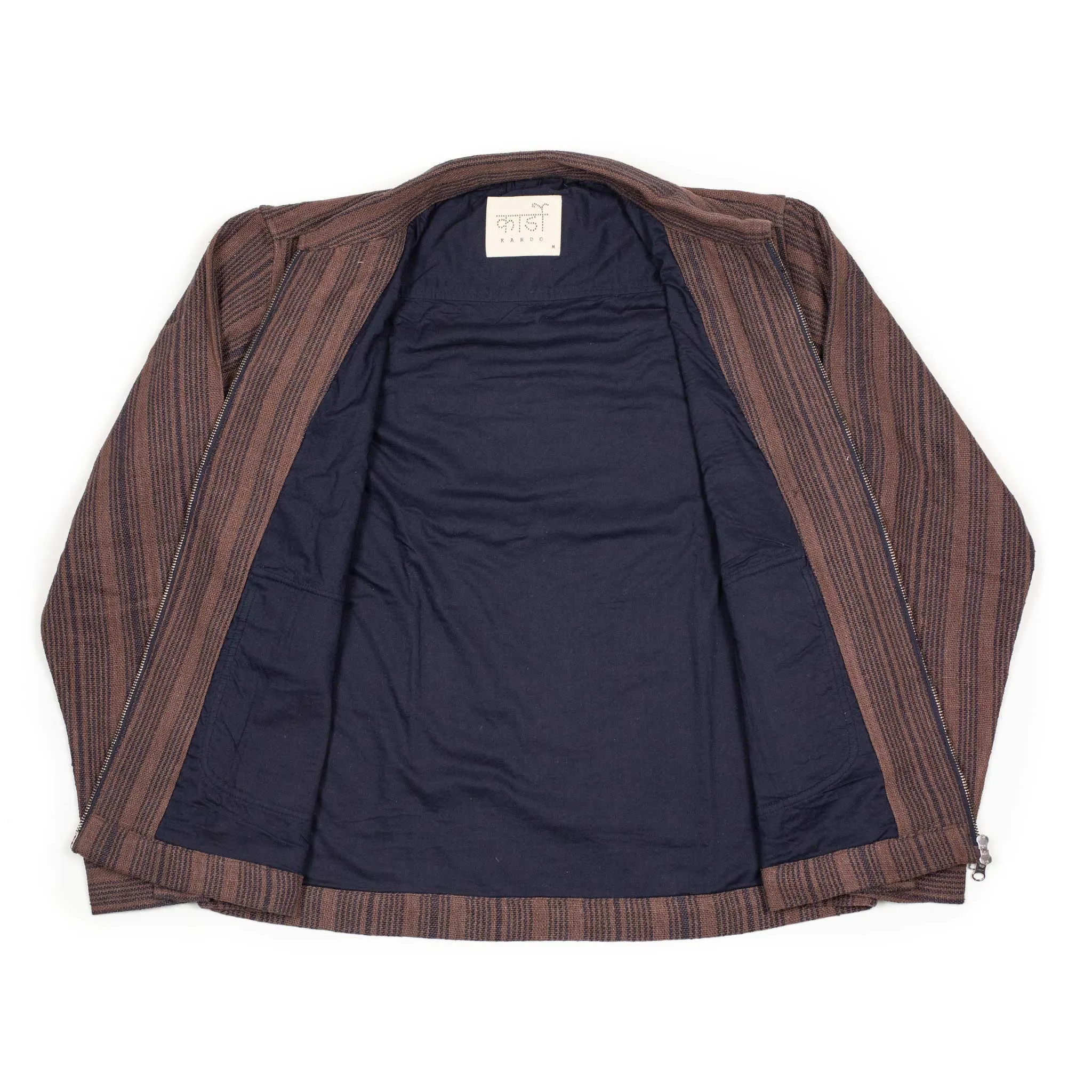 Leroy zip jacket in chocolate and navy striped handloom silk