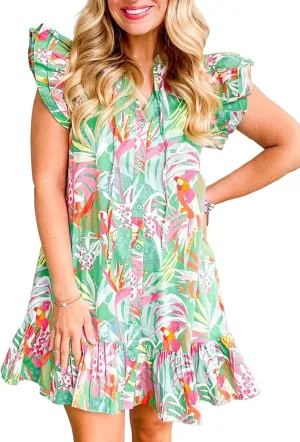Melliflo Womens Abstract Floral Ruffle Trim Flutter Sleeve Buttoned Dress 2024 New Casual Loose Summer Dress Green