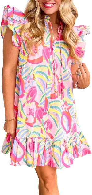Melliflo Womens Abstract Floral Ruffle Trim Flutter Sleeve Buttoned Dress 2024 New Casual Loose Summer Dress Pink