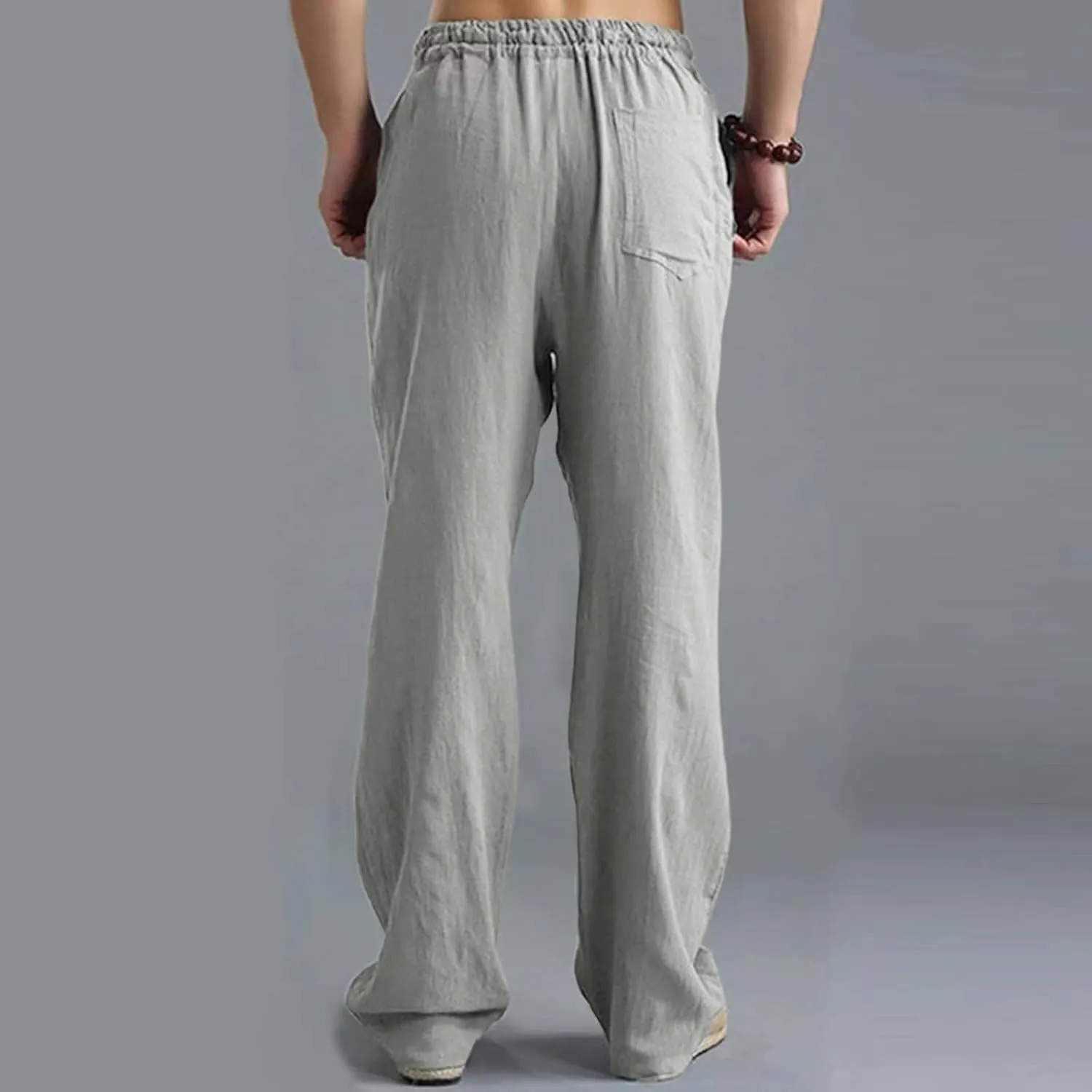 Men's Casual Linen Pants Drawstring Loose Elastic Waist Pants Summer Outdoor Breathable Beach Vacation Trousers