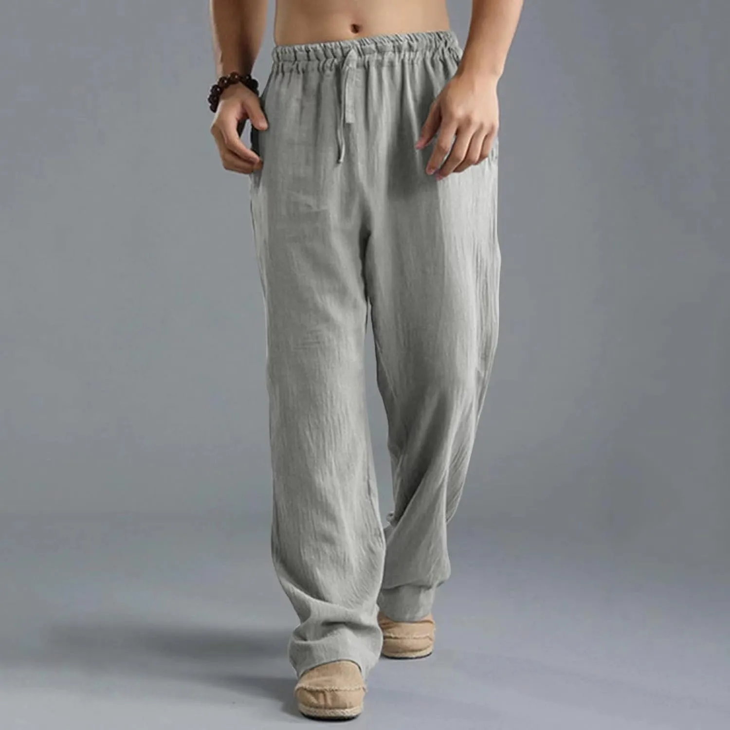 Men's Casual Linen Pants Drawstring Loose Elastic Waist Pants Summer Outdoor Breathable Beach Vacation Trousers