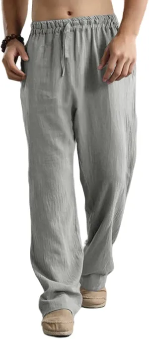 Men's Casual Linen Pants Drawstring Loose Elastic Waist Pants Summer Outdoor Breathable Beach Vacation Trousers