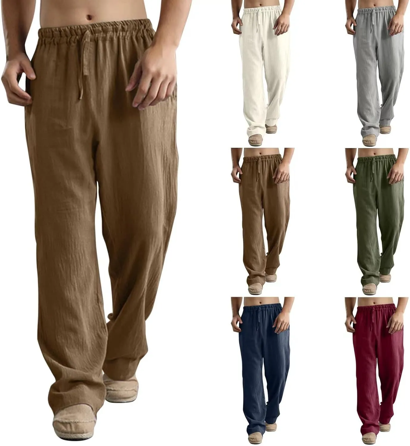 Men's Casual Linen Pants Drawstring Loose Elastic Waist Pants Summer Outdoor Breathable Beach Vacation Trousers