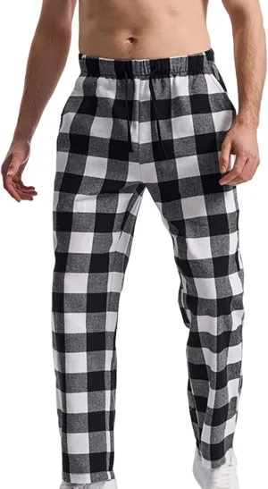 Mens Casual Plaid Trousers Drawstring Waist Straight-Leg Pants Stylish Comfy Open Bottom Trouser Athletic Basic Pants