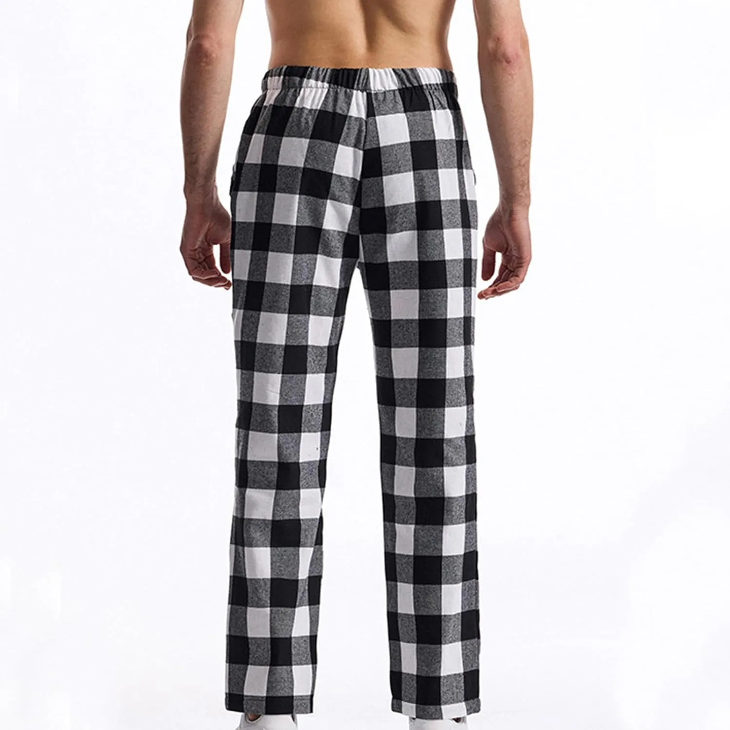 Mens Casual Plaid Trousers Drawstring Waist Straight-Leg Pants Stylish Comfy Open Bottom Trouser Athletic Basic Pants