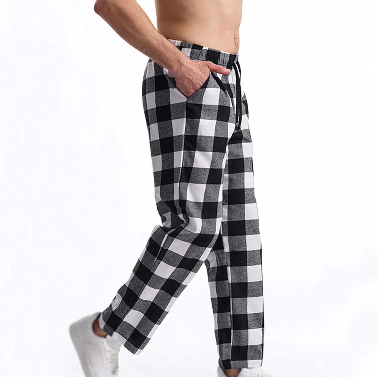 Mens Casual Plaid Trousers Drawstring Waist Straight-Leg Pants Stylish Comfy Open Bottom Trouser Athletic Basic Pants