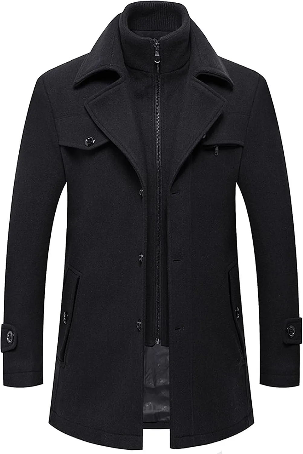 Men's Casual Woolen Overcoat Solid Color Double Convertible Padded Coat Fashion Turn-Down Collar Warm Long Coats