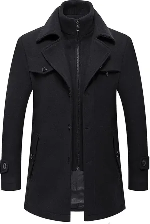 Men's Casual Woolen Overcoat Solid Color Double Convertible Padded Coat Fashion Turn-Down Collar Warm Long Coats