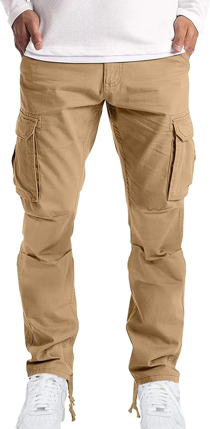 Men's Causal Cargo Pants Solid Color Multi Pockets Straight Trousers Outdoor Wearing Pants with Pockets Overalls