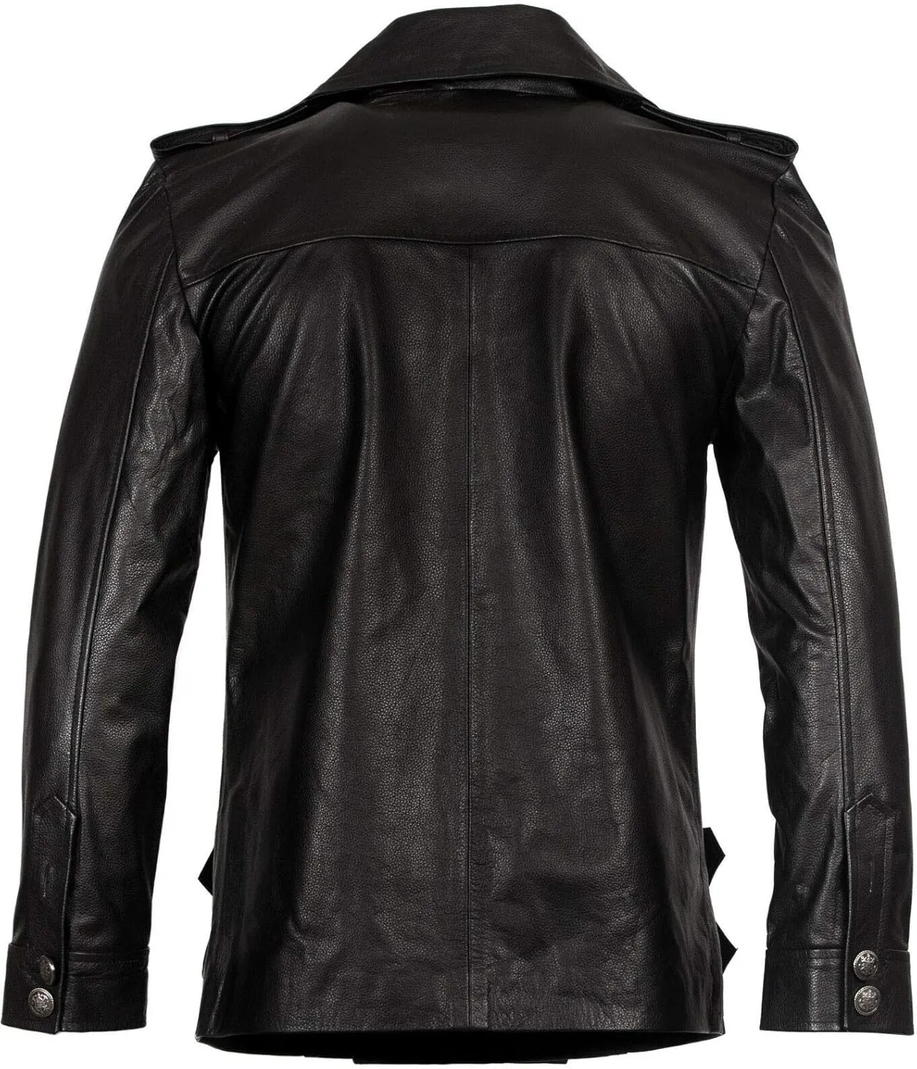 Mens Classic German Navy Military Peacoat Black Cowhide Leather Jacket