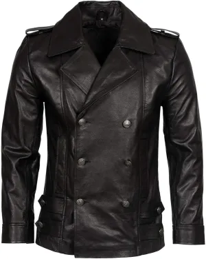 Mens Classic German Navy Military Peacoat Black Cowhide Leather Jacket