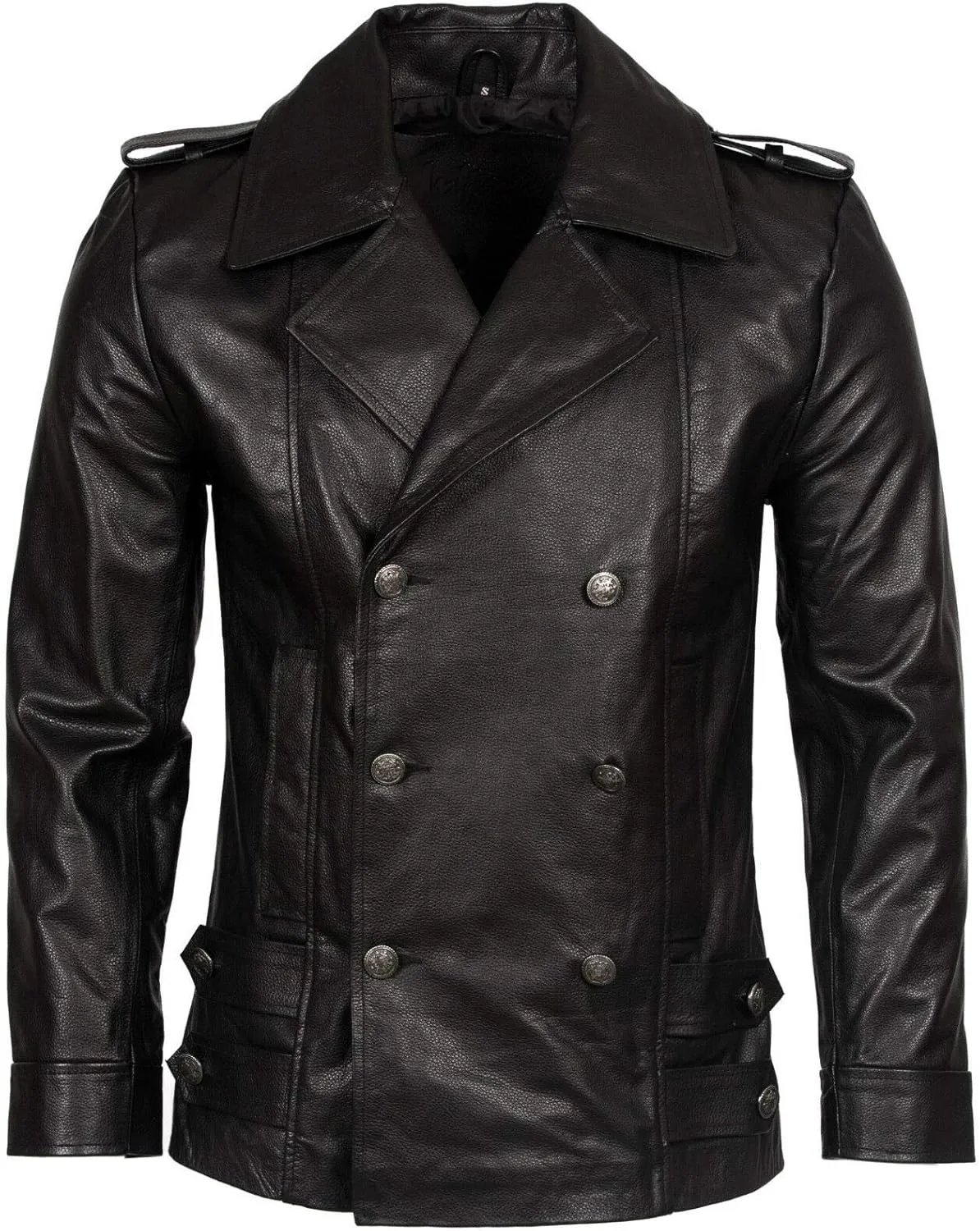 Mens Classic German Navy Military Peacoat Black Cowhide Leather Jacket