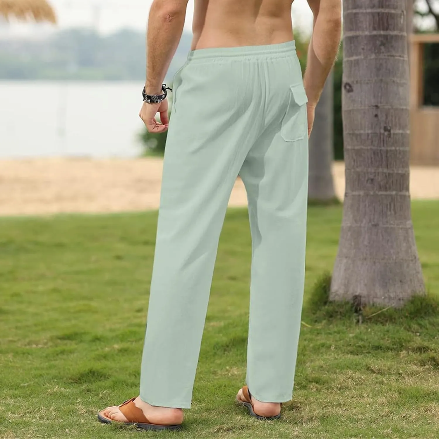 Men's Cotton Linen Trousers Slim Fit Drawstring Pants Baggy Simple Thin Trousers Summer Comfy Pants with Pockets