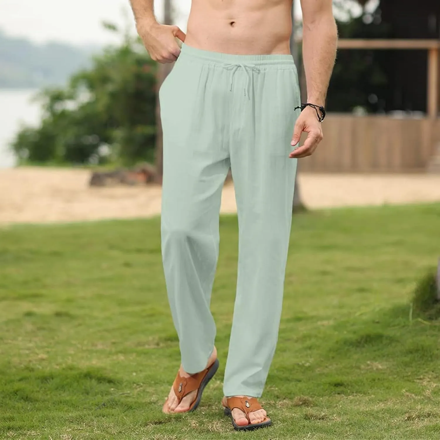 Men's Cotton Linen Trousers Slim Fit Drawstring Pants Baggy Simple Thin Trousers Summer Comfy Pants with Pockets