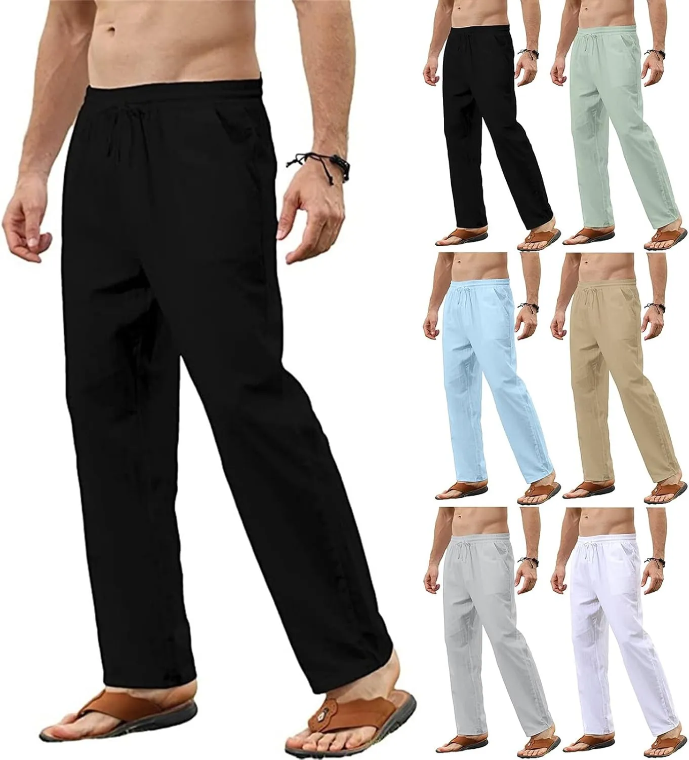 Men's Cotton Linen Trousers Slim Fit Drawstring Pants Baggy Simple Thin Trousers Summer Comfy Pants with Pockets