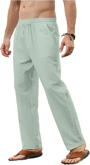 Men's Cotton Linen Trousers Slim Fit Drawstring Pants Baggy Simple Thin Trousers Summer Comfy Pants with Pockets