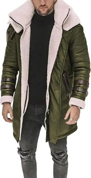 Mens Faux Fur Coat Faux PU Leather Long Jacket Winter Warm Trench Coats Fleece Sherpa Lined Suede Windbreaker Overcoat