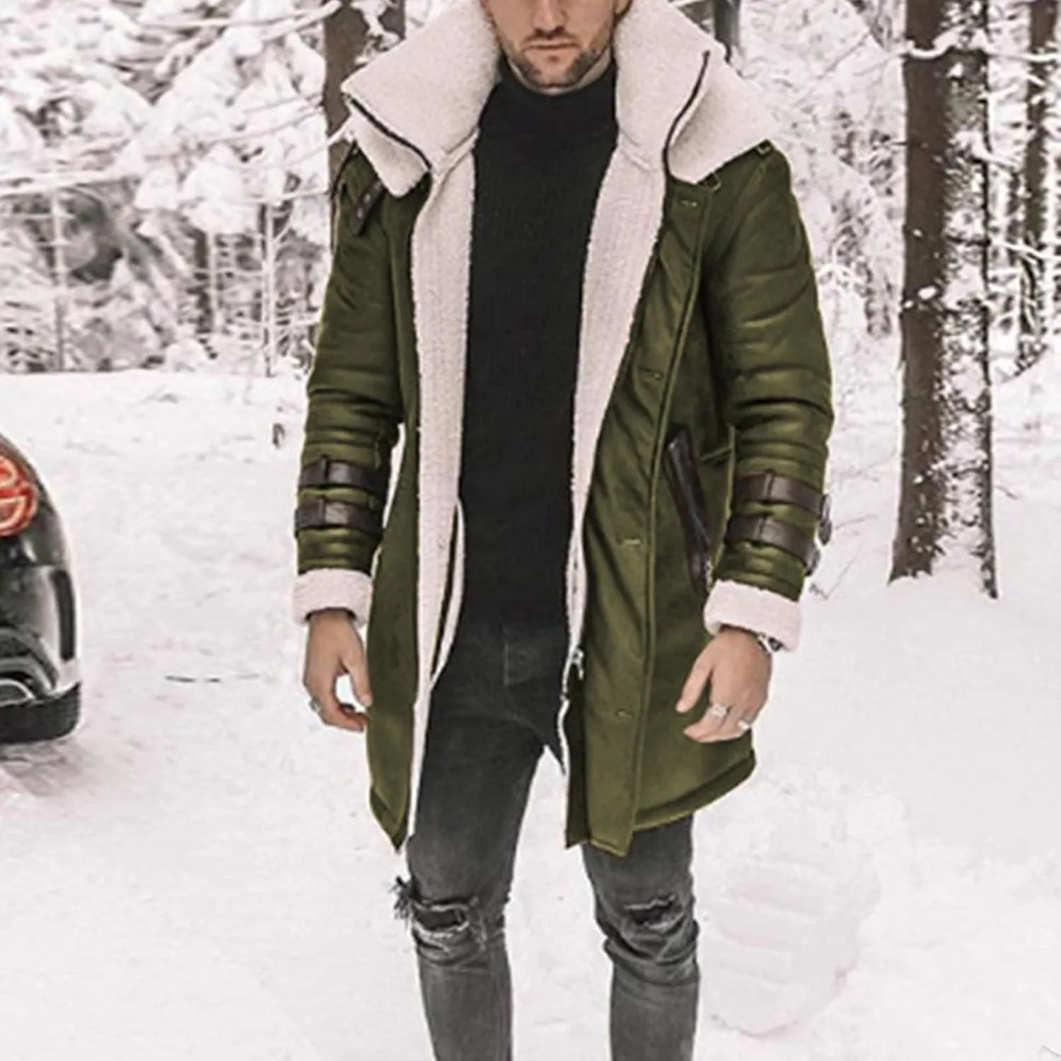 Mens Faux Fur Coat Faux PU Leather Long Jacket Winter Warm Trench Coats Fleece Sherpa Lined Suede Windbreaker Overcoat