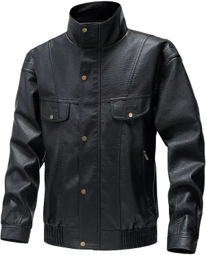 Mens Faux Leather Jacket Winter Warm Fleece Lined Fashion Motorcycle Jackets Coat Full Zip Buttons Stand Collar Coats