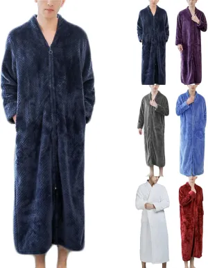 Mens Flannel Bathrobe Couple Plush Sleepwear Robe with Zipper Long Sleeve Full Length Nightgown Nightwear Soft Pajama