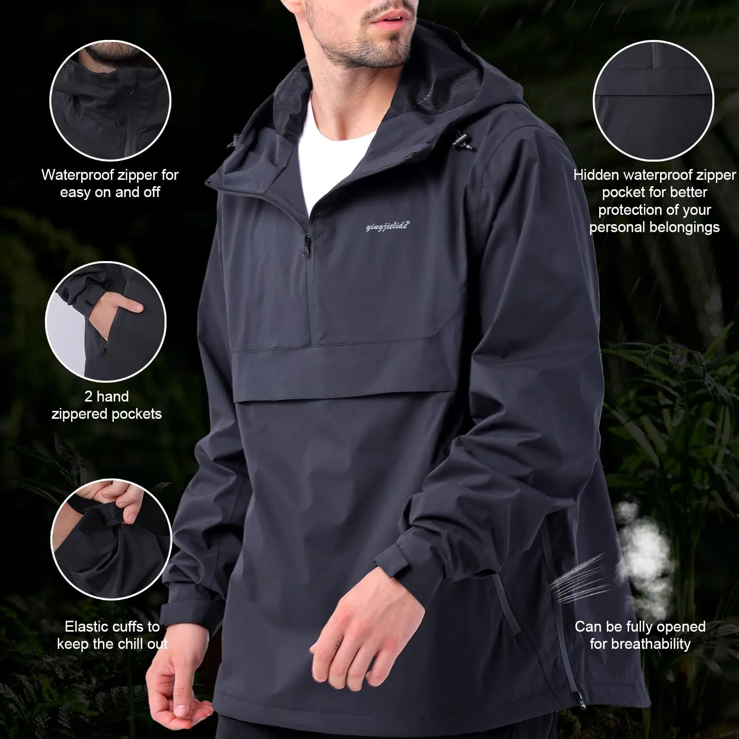 Men's Lightweight Waterproof Sports Zip Hoodie Rain Jacket, Cycling Windbreaker Pullover Coats, Breathable Coat