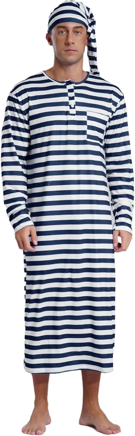 Men's Nightshirt Long Sleeve Nightgown Henley Sleep Gowns with Night Cap Christmas Sleepwear
