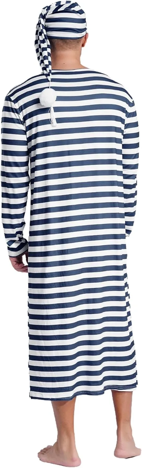 Men's Nightshirt Long Sleeve Nightgown Henley Sleep Gowns with Night Cap Christmas Sleepwear