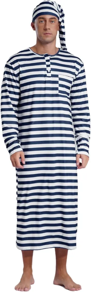 Men's Nightshirt Long Sleeve Nightgown Henley Sleep Gowns with Night Cap Christmas Sleepwear