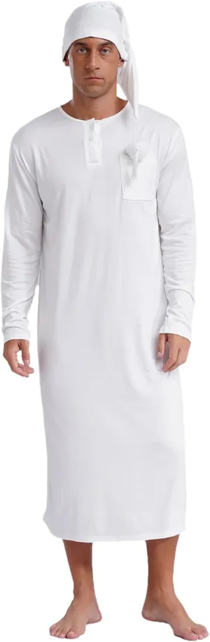 Men's Nightshirt Long Sleeve Nightgown Soft Loose Sleepwear Lightweight Nightwear Sleep Cap